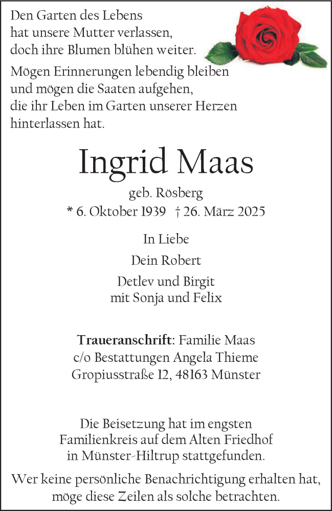  Traueranzeige für Ingrid Maas vom 12.04.2025 aus 