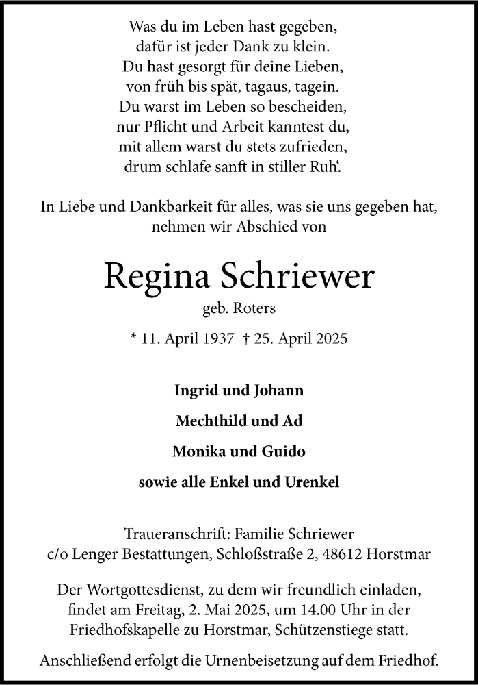  Traueranzeige für Regina Schriewer vom 30.04.2025 aus 