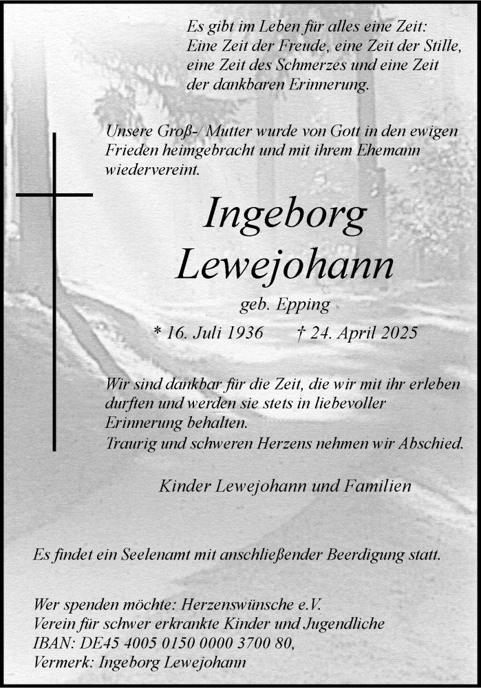  Traueranzeige für Ingeborg Lewejohann vom 30.04.2025 aus 