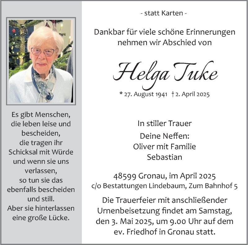  Traueranzeige für Helga Tuke vom 19.04.2025 aus 