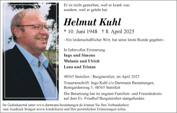 Anzeige von Helmut Kuhl 
