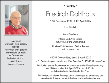 Anzeige von Friedrich Dahlhaus 
