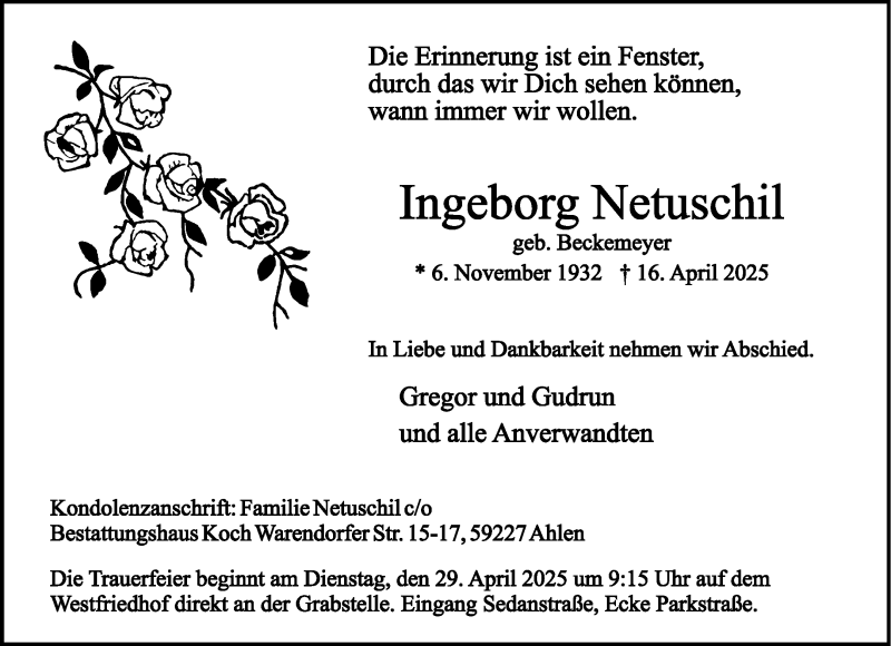  Traueranzeige für Ingeborg Netuschil vom 19.04.2025 aus 