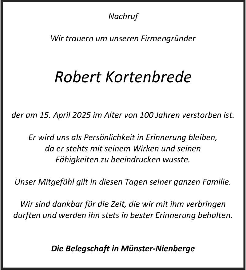  Traueranzeige für Robert Kortenbrede vom 25.04.2025 aus 