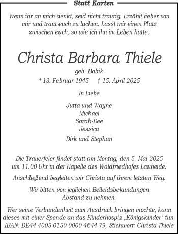 Anzeige von Christa Barbara Thiele 