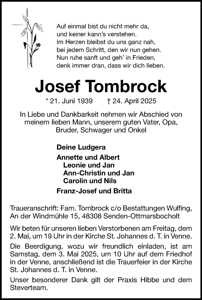  Traueranzeige für Josef Tombrock vom 30.04.2025 aus 