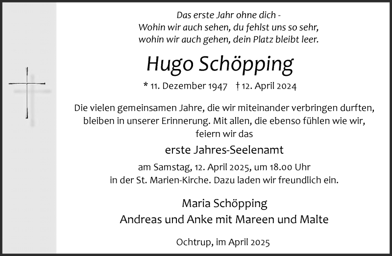  Traueranzeige für Hugo Hugo Schöpping vom 09.04.2025 aus 