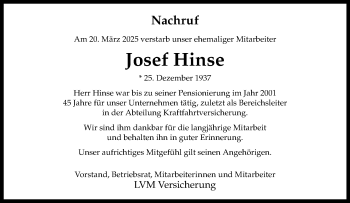 Anzeige von Josef Hinse 