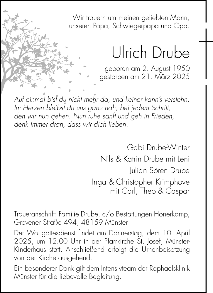 Traueranzeige für Ulrich Drube vom 05.04.2025 aus 