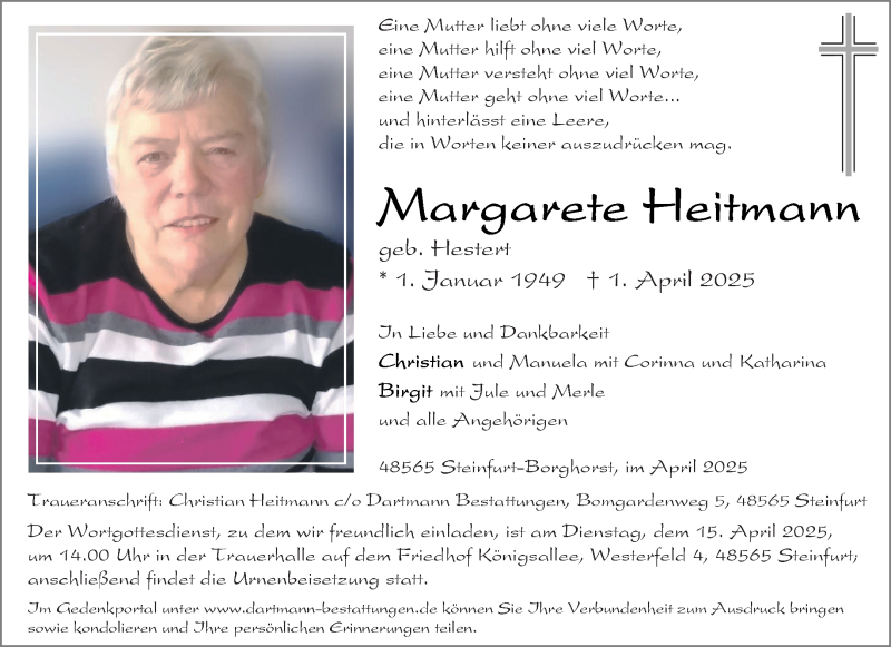  Traueranzeige für Margarete Heitmann vom 05.04.2025 aus 
