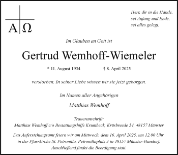 Anzeige von Gertrud Wemhoff-Wiemeler 