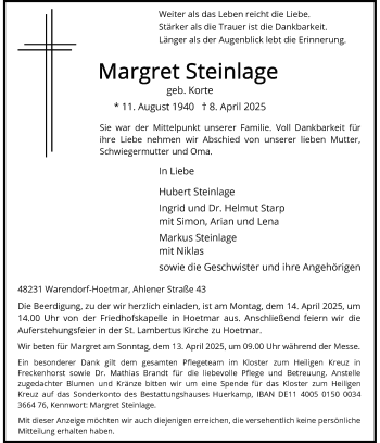 Anzeige von Margret Steinlage 