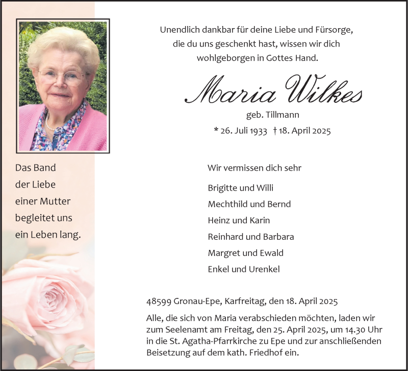  Traueranzeige für Maria Wilkes vom 23.04.2025 aus 
