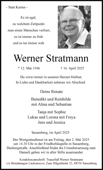 Anzeige von Werner Stratmann 
