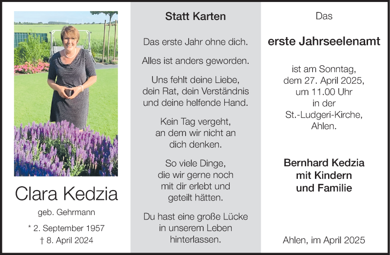  Traueranzeige für Clara Kedzia vom 23.04.2025 aus 