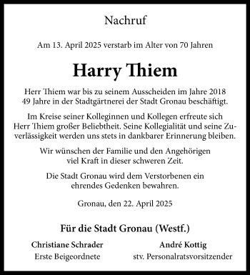 Anzeige von Harry Thiem 