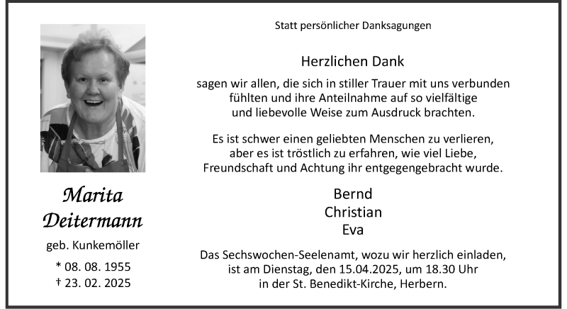  Traueranzeige für Marita Deitermann vom 05.04.2025 aus 