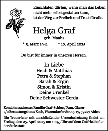 Anzeige von Helga Graf 