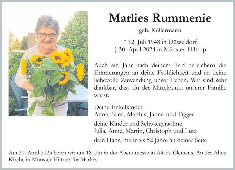  Traueranzeige für Marlies Rummenie vom 26.04.2025 aus 