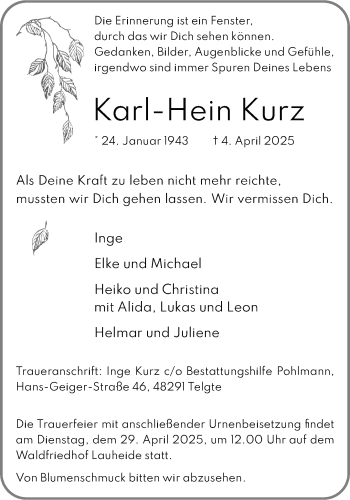 Anzeige von Karl-Hein Kurz 