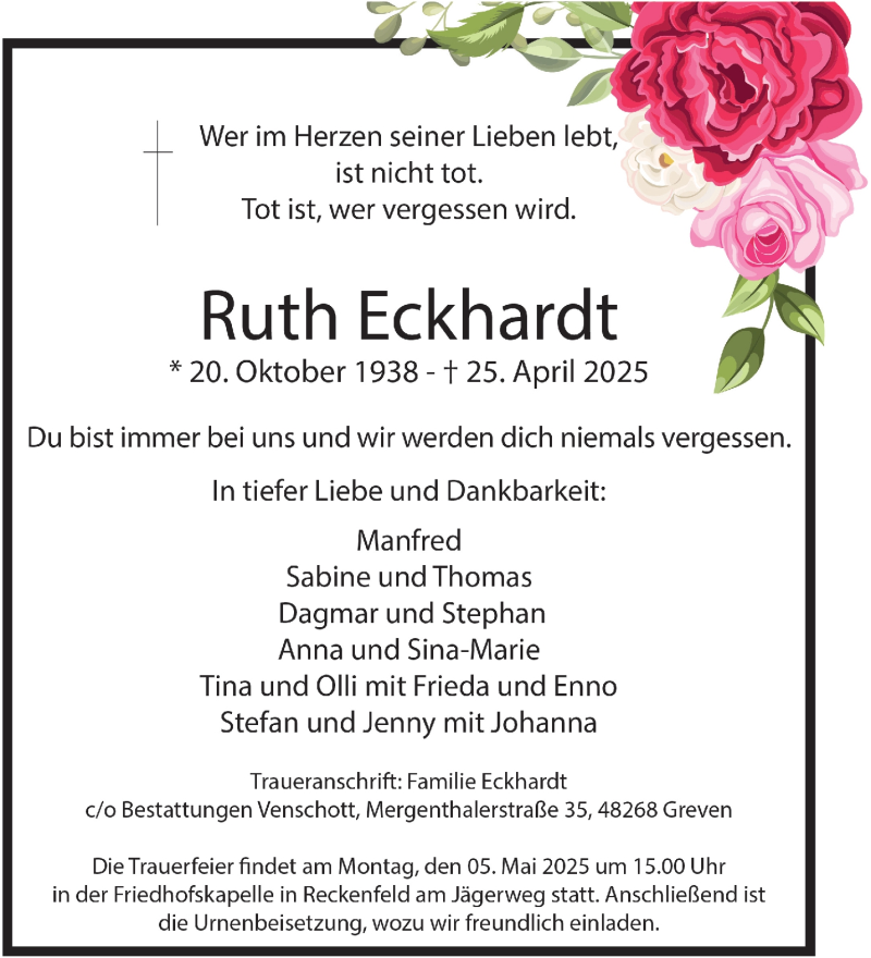  Traueranzeige für Ruth Eckhardt vom 30.04.2025 aus 