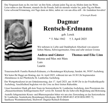 Anzeige von Dagmar Rentsch-Erdmann 