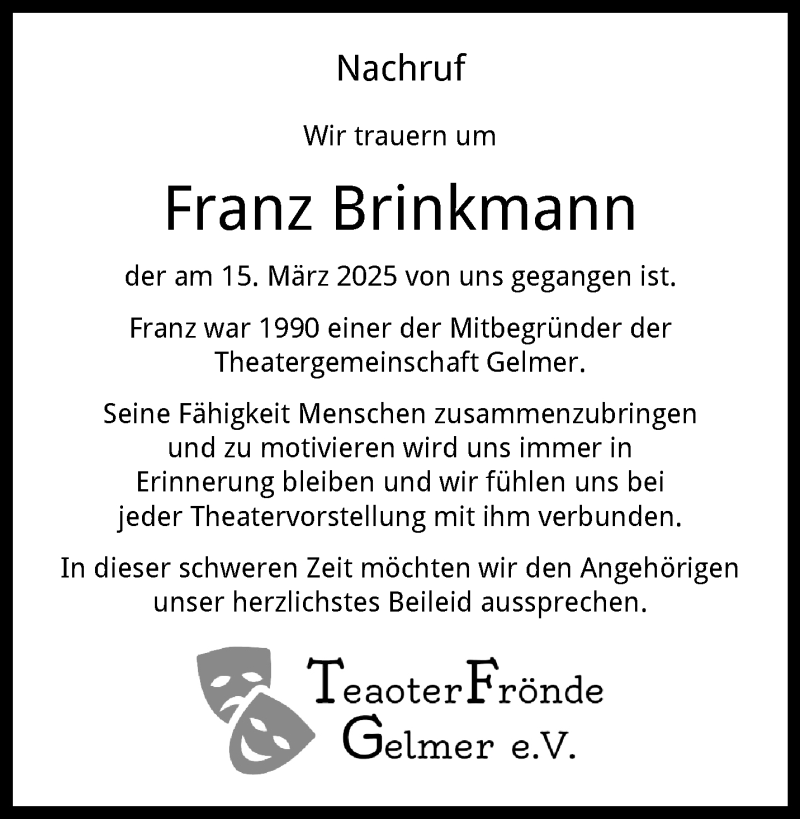  Traueranzeige für Franz Brinkmann vom 05.04.2025 aus 