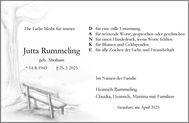  Traueranzeige für Jutta Rummeling vom 12.04.2025 aus 