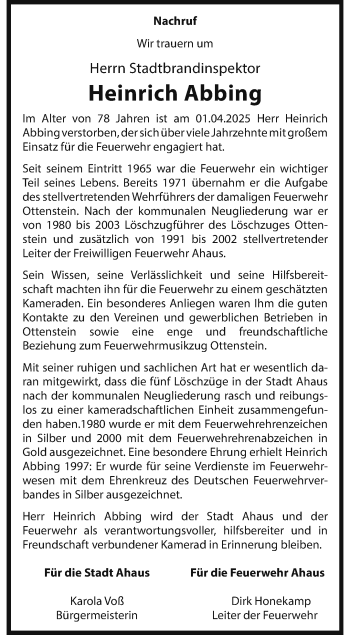 Anzeige von Heinrich Abbing 