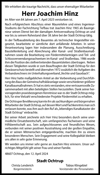 Anzeige von Joachim Hinz 