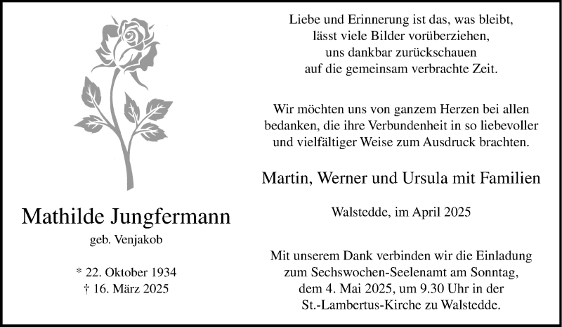  Traueranzeige für Mathilde Jungfermann vom 17.04.2025 aus 