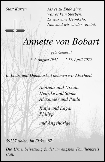 Anzeige von Annette von Bobart 