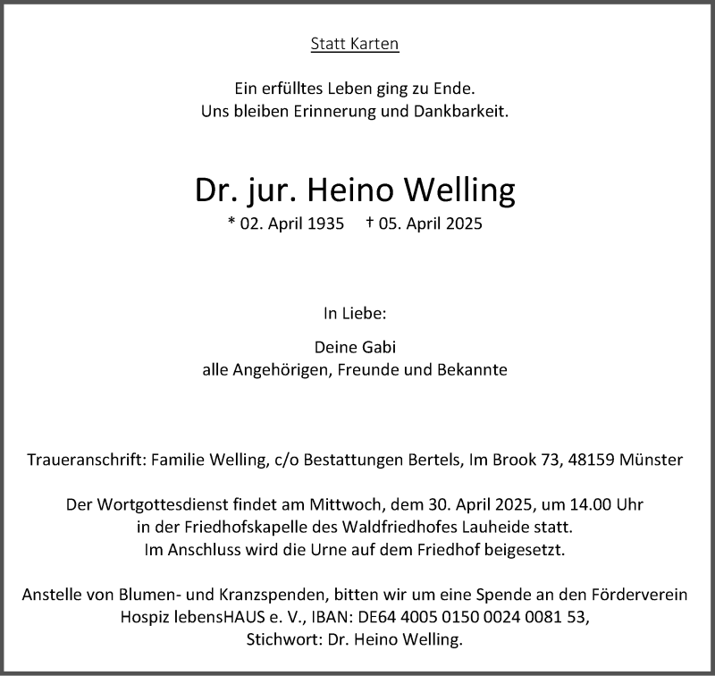  Traueranzeige für Dr. jur. Heino Welling vom 12.04.2025 aus 