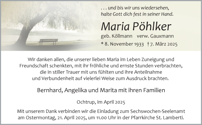  Traueranzeige für Maria Pöhlker vom 16.04.2025 aus 
