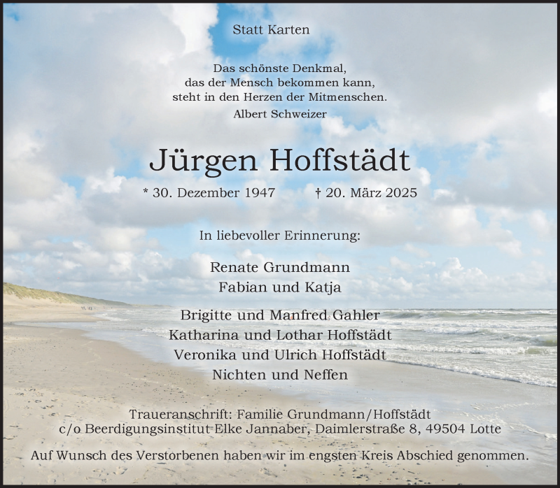  Traueranzeige für Jürgen Hoffstädt vom 05.04.2025 aus 