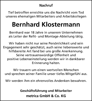 Anzeige von Bernhard Klostermann 