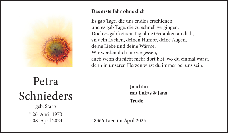  Traueranzeige für Petra Schnieders vom 08.04.2025 aus 