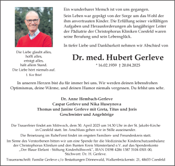 Anzeige von Dr. med. Hubert Gerleve 