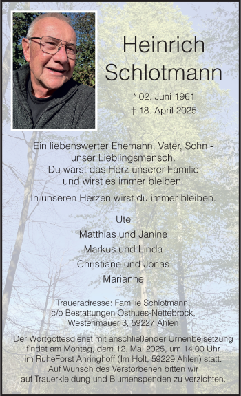 Anzeige von Heinrich Schlotmann 
