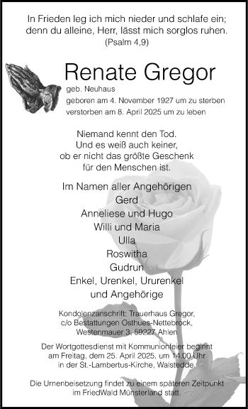 Anzeige von Renate Gregor 