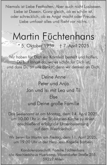 Anzeige von Martin Füchtenhans 