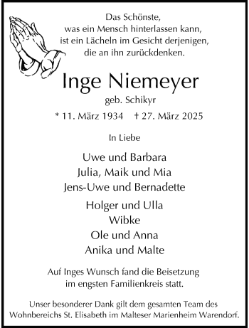 Anzeige von Inge Niemeyer 