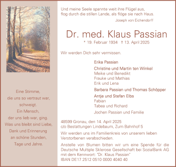 Anzeige von Dr. med. Klaus Passian 