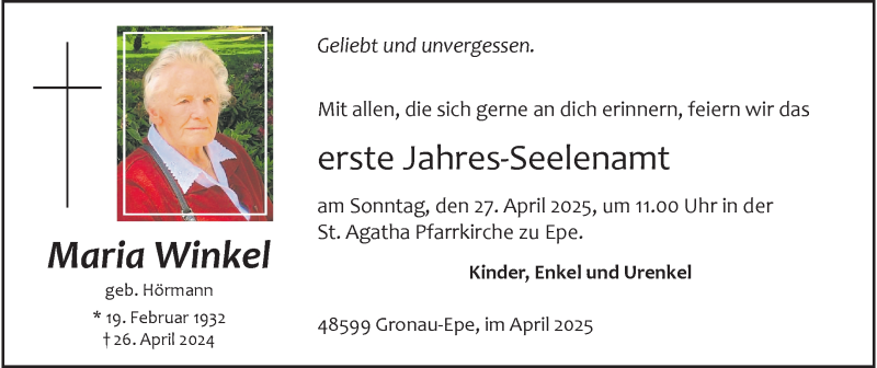  Traueranzeige für Maria Winkel vom 19.04.2025 aus 