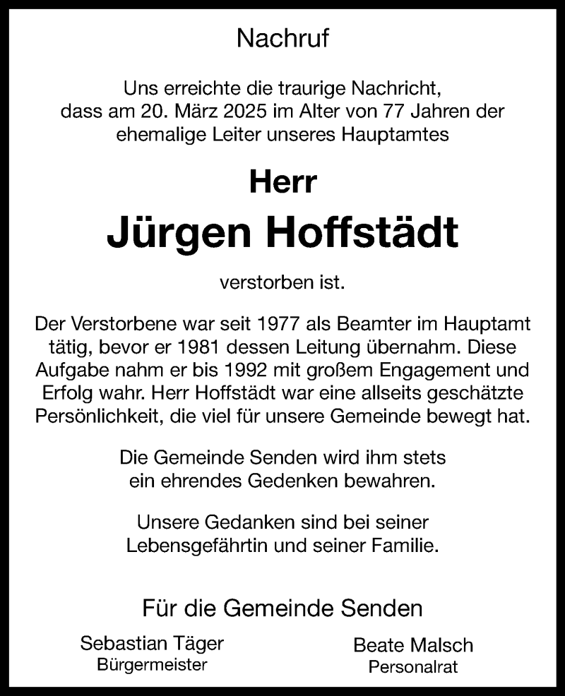  Traueranzeige für Jürgen Hoffstädt vom 05.04.2025 aus 