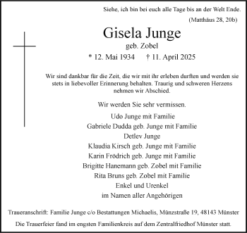 Anzeige von Gisela Junge 
