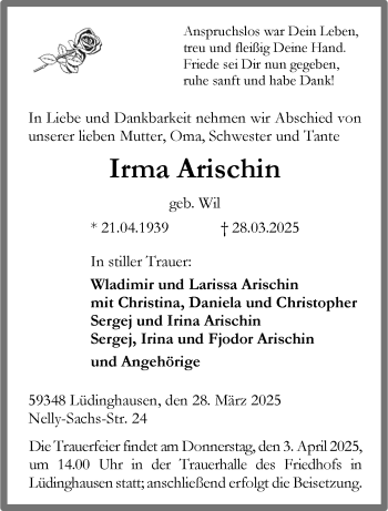 Anzeige von Irma Arischin 