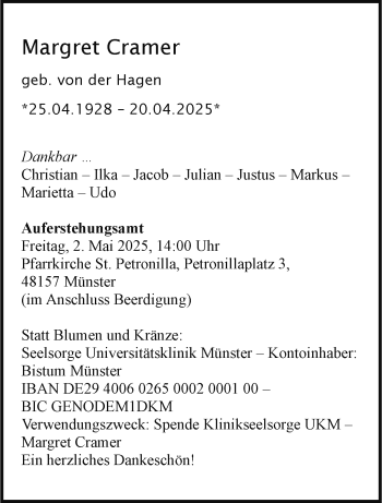 Anzeige von Margret Cramer 