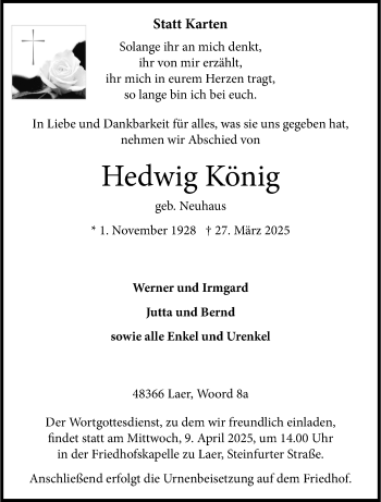 Anzeige von Hedwig König 