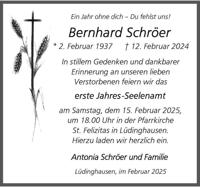  Traueranzeige für Bernhard Schröer vom 08.02.2025 aus 